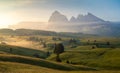 Seiser Alm Alpe di Siusi with Langkofel mountain at sunrise in summer, Italy