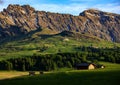 Seiser Alm Alpe di Siusi with Langkofel mountain at sunrise in summer, Italy