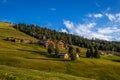 Seiser Alm, Italy - Tyrolean wooden hotels and chalets and green fields at Alpe di Siusi on a sunny summer day with blue sky Royalty Free Stock Photo