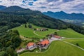 The Seiser Alm at the lake Chiemsee shot by a drone from above - the beautiful restaurant at the bavarian alps in