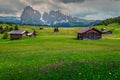 Seiser Alm touristic resort with colorful spring flowers, Italy, Europe