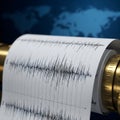 Seismograph recording seismic waves on paper with a blurred world map in the background. Generative AI