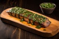 seitan steak with chimichurri sauce on a wooden platter