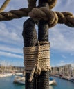 Seizing knot fastening the shrouds of an old sailing vessel