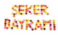 Seker Bayrami words written by colorful candy beans Royalty Free Stock Photo