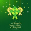 Selamat Hari Raya Aidilfitri greeting card banner. Vector ketupat with Islamic pattern on green background. Caption: Fasting Day o