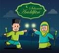 Selamat Hari Raya Aidilfitri vector illustration with cute muslim kids having fun with sparklers