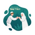 Selamat hari raya Idul Fitri is another language of happy eid mubarak in Indonesian. Cartoon muslim couple celebrating Eid al fitr