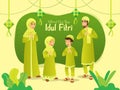 Selamat hari raya Idul Fitri is another language of happy eid mubarak in Indonesian. Cartoon muslim family celebrating Eid al fitr