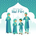 Selamat hari raya Idul Fitri is another language of happy eid mubarak in Indonesian. Cartoon muslim family celebrating Eid al fitr