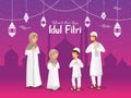 Selamat hari raya Idul Fitri is another language of happy eid mubarak in Indonesian. Cartoon muslim family celebrating Eid al fitr