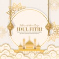 Selamat Hari Raya Idul Fitri or Happy Eid Al Fitr background with Ketupat and mosque