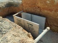 Underground precast concrete box culvert drain under construction at the construction site. Royalty Free Stock Photo
