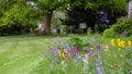 View towards St Mary`s Church across the wild flower beds and lawn of the Pleistor House in Selborne, Hampshire, UK Royalty Free Stock Photo