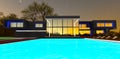 Seldom starry night above the eco-friendly real estate. Sun loungers along the pool. 3d rendering