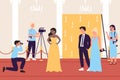 Selebrity famous people in fashionable dress with paparazzi journalists cameramen on red carpet flat vector illustration