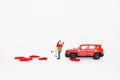 Selecitive focus miniature lover gladdy and happy and red car with red heart on white background and copy space. Idea surprise