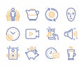 Select alarm, Speakers and Video camera icons set. Milk jug, Music phone and Cogwheel signs. Vector