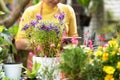 Select focus and Close up flower, hands woman receipt order customer and sale plant flower online on laptop in garden.