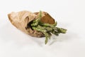 Select focus of a handful of wild asparagus wrapped in brown paper bag. vegan food concept