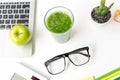 Select focus. Healthy snack with working in office.  Green apple and fresh vegetable smoothies  for diet Health Planning, Royalty Free Stock Photo