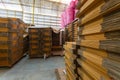 Select focus of Row of brown boxes, rack stack arrangement of cardboard boxes in a store warehouse Royalty Free Stock Photo
