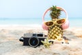 Select focus. Summer in the party. Hipster Pineapple Fashion in sunglass and listen music Royalty Free Stock Photo
