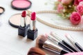 Select focus. Valentine Gift. Makeup cosmetics tools background and beauty cosmetics Royalty Free Stock Photo