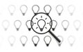 Select good idea, find solutions, search inspiration concept. Success, think, light bulb icon. Magnifying glass zoom