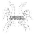 Select the images of the hands. Contour of human palms, wrists, gestures on a white background. Stock Vector Graphics Style and