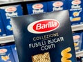 Selected collection of fusilli pasta Barilla brand display for sell in french supermarket