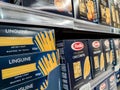 Selected collection of linguine pasta Barilla brand display for sell in french supermarket
