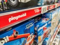 Selected collection of many boxes Playmobil brand display for sell in french supermarket