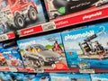 Selected collection of many boxes Playmobil brand display for sell in french supermarket