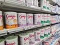 Selected collection of powdered Baby Milk Guigoz brand display for sell in french supermarket