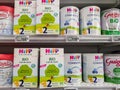 Selected collection of powdered Baby Milk Hipp brand display for sell in french supermarket