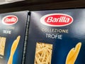 Selected collection of trofie pasta Barilla brand display for sell in french supermarket