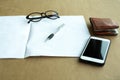 Selected focus pen and wallet , glasses and cell phone with manual book