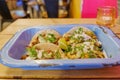 Mexican food, Beef and chicken tacos on steel tray. Royalty Free Stock Photo