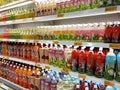 Selected focused on fruit juices sold in commercial paper pack and bottles. Displayed on the chiller rack.