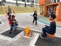 Selected focused on modern children outdoor playground in the public park.