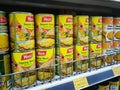 Selected focused on sweet corn that has been canned in commercial packaging.