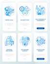 Selecting good pricing strategy blue onboarding mobile app screen set