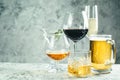 Selection of alcoholic drinks - beer, wine, martini, champagne, cogniac, whiskey