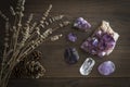 Selection of Amethyst Quartz and Purple Fluorite with Dried Lavender and Pine Cones Royalty Free Stock Photo