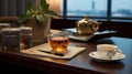 A selection of aromatic teas and refined espresso, set in an inviting break room meant for executive meetings