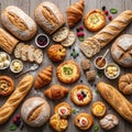 A selection of artisanal bread and pastries displayed on a wooden surface Royalty Free Stock Photo