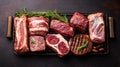 Selection of assorted meats arranged on a metal rack ready for grilling or cooking Royalty Free Stock Photo