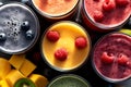 Selection assortment of colourful Healthy fresh fruit and vegetable smoothies with ingredients