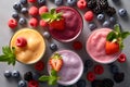 Selection assortment of colourful Healthy fresh fruit and vegetable smoothies with ingredients